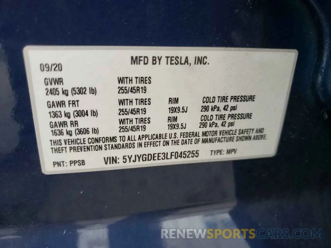 10 fotografías del automóvil dañado 5YJYGDEE3LF045255 TESLA MODEL Y 2020