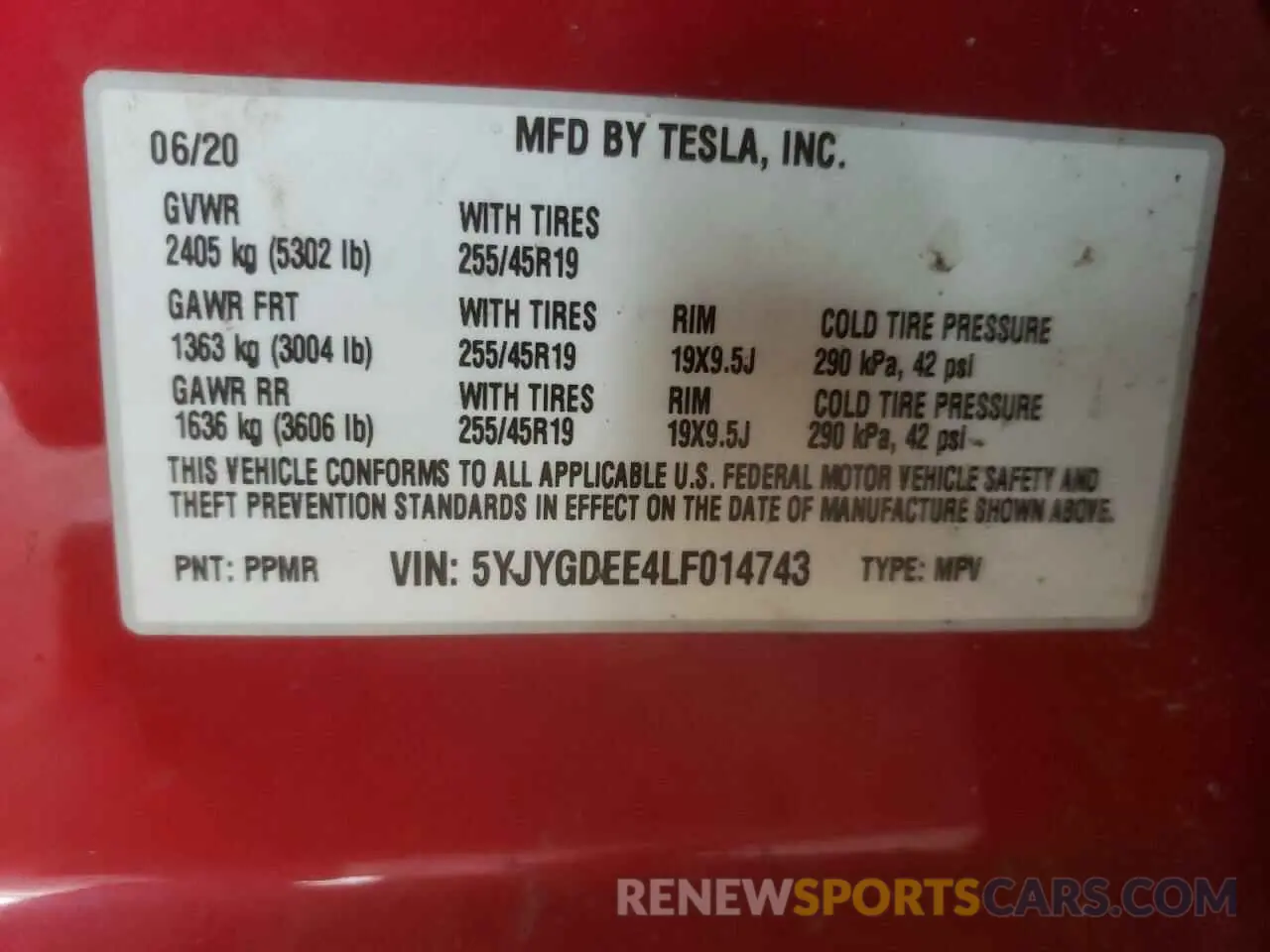 10 fotografías del automóvil dañado 5YJYGDEE4LF014743 TESLA MODEL Y 2020