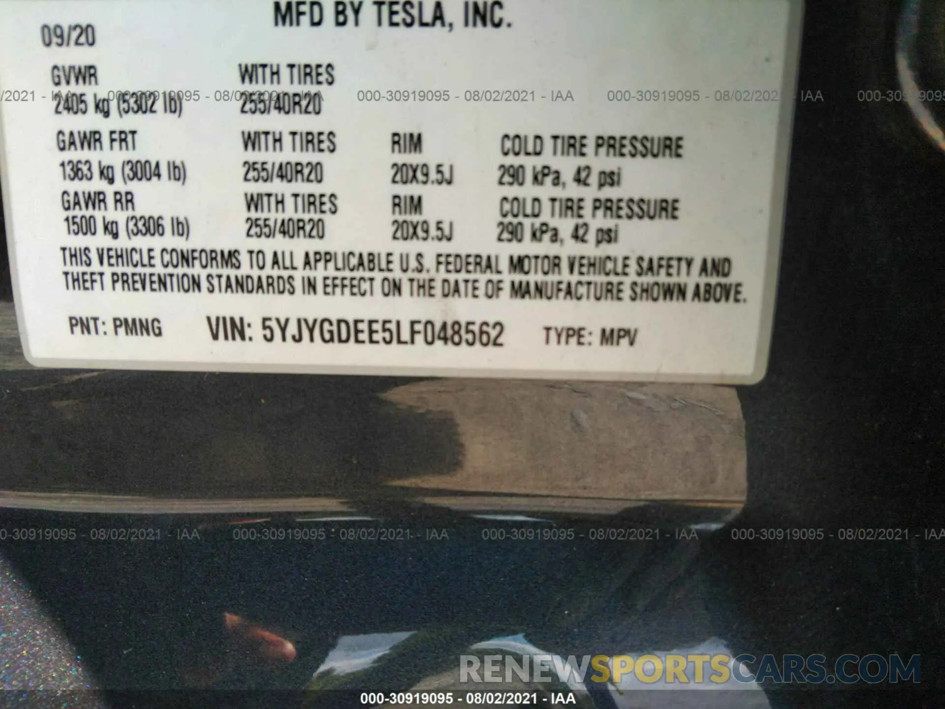 9 fotografías del automóvil dañado 5YJYGDEE5LF048562 TESLA MODEL Y 2020