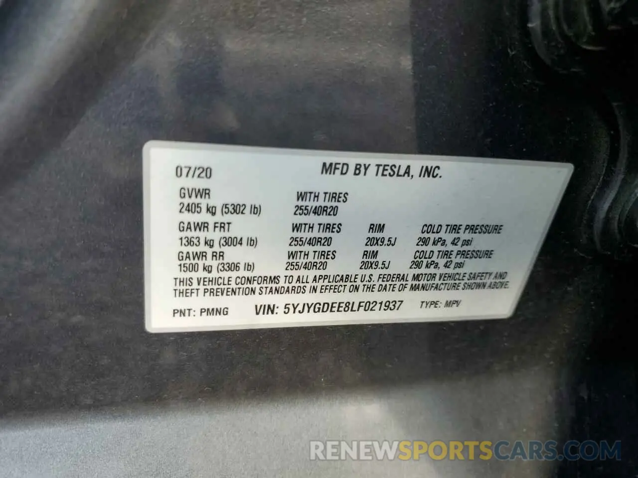 12 fotografías del automóvil dañado 5YJYGDEE8LF021937 TESLA MODEL Y 2020