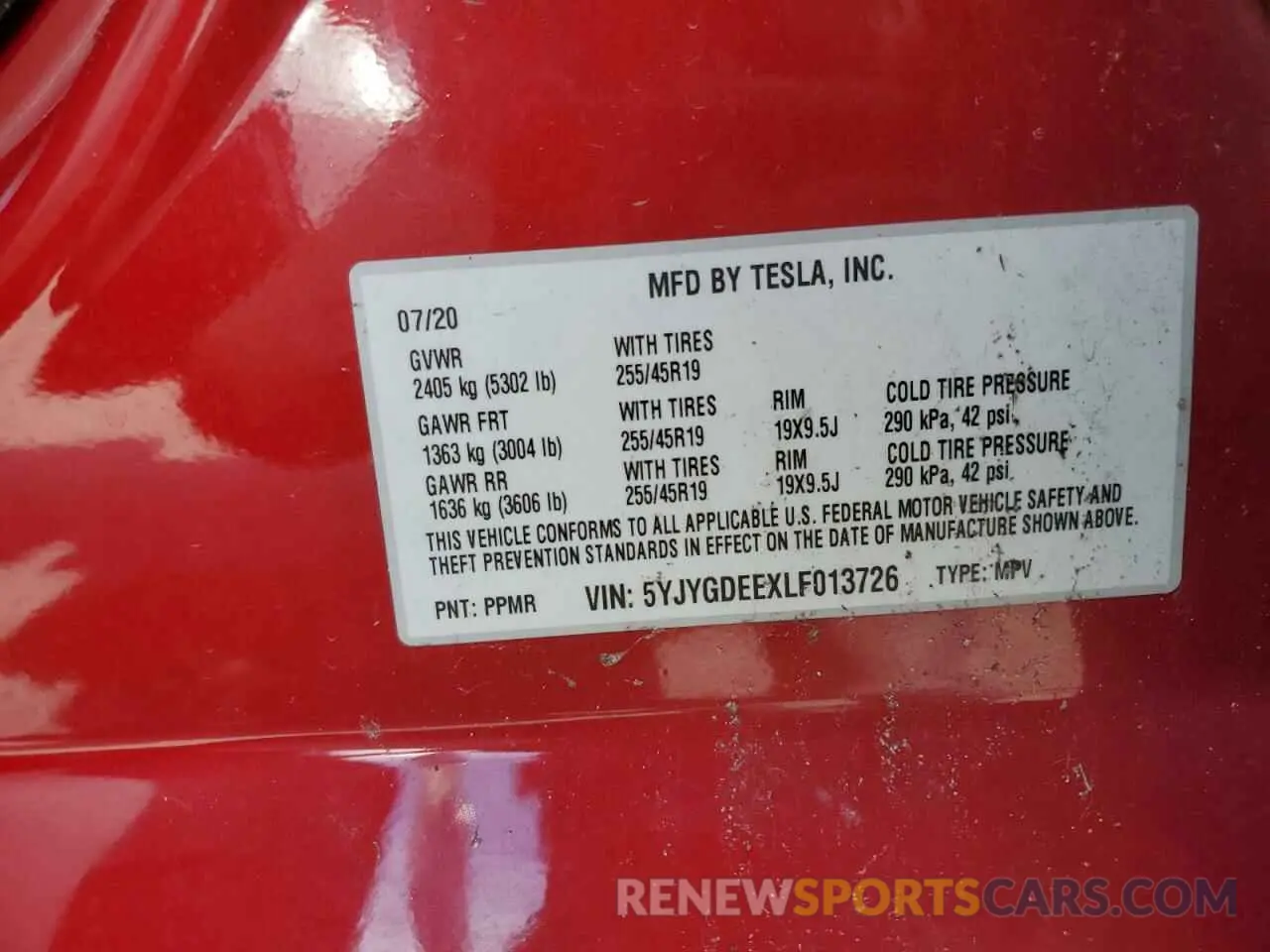13 fotografías del automóvil dañado 5YJYGDEEXLF013726 TESLA MODEL Y 2020