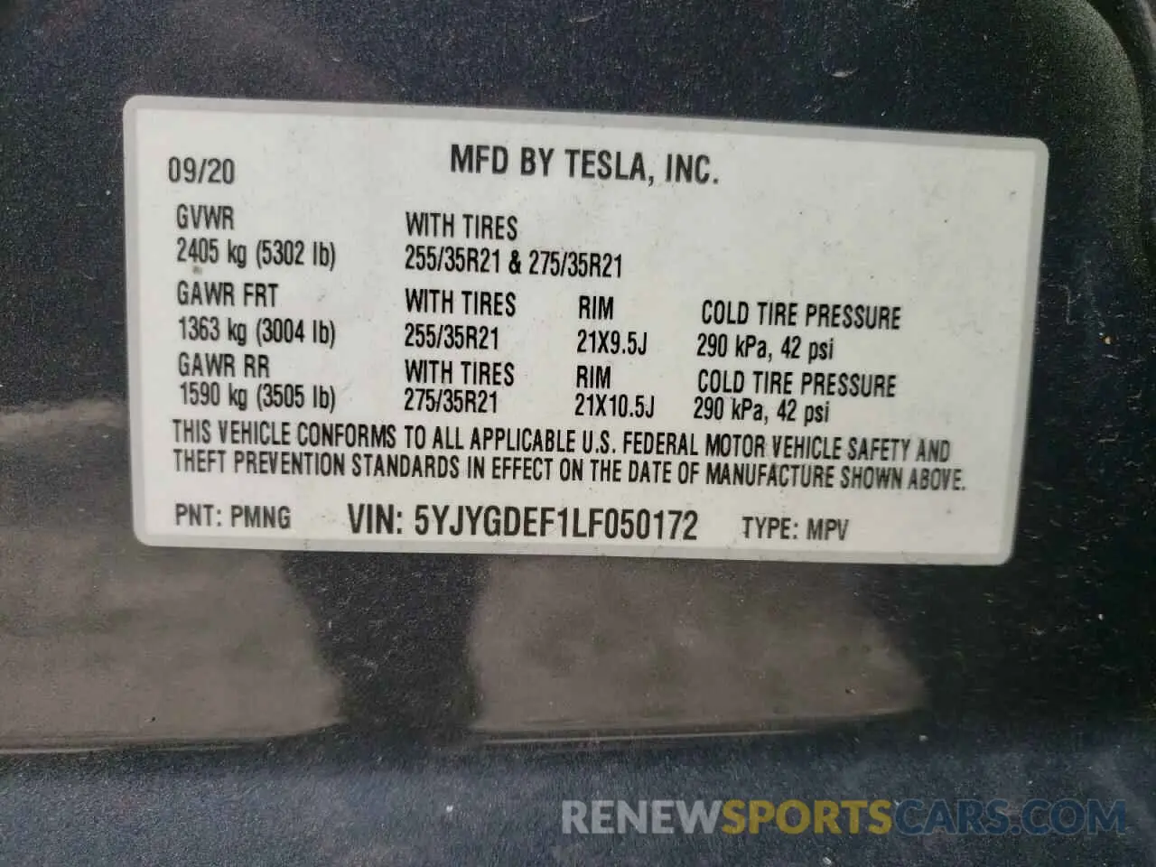 12 fotografías del automóvil dañado 5YJYGDEF1LF050172 TESLA MODEL Y 2020