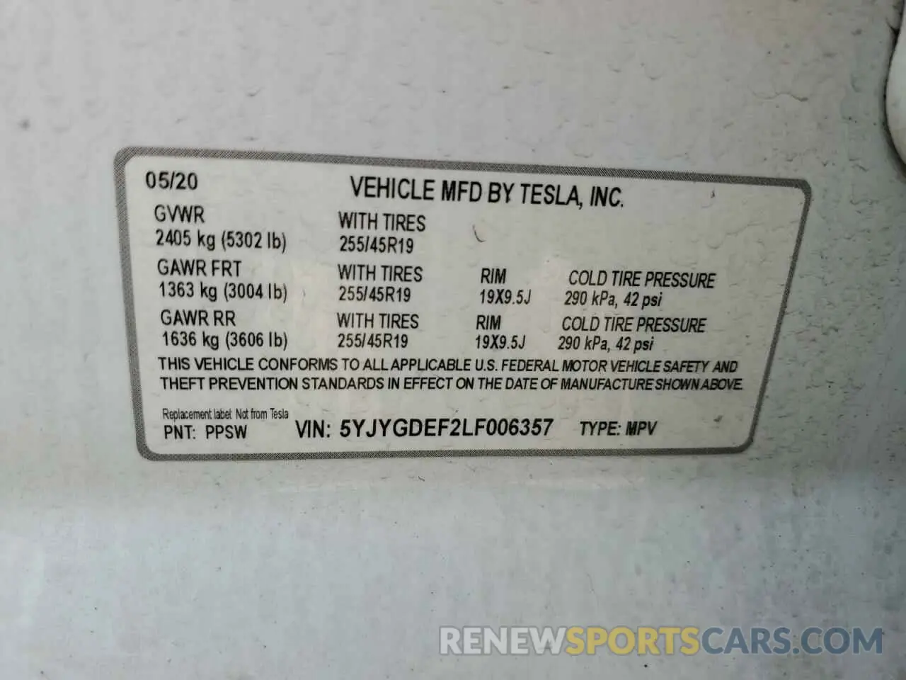 12 fotografías del automóvil dañado 5YJYGDEF2LF006357 TESLA MODEL Y 2020
