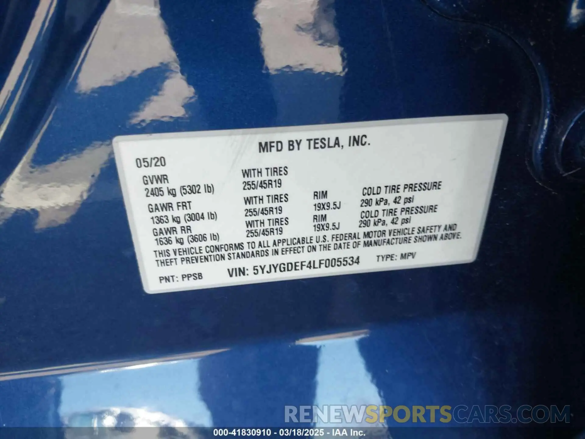 9 fotografías del automóvil dañado 5YJYGDEF4LF005534 TESLA MODEL Y 2020