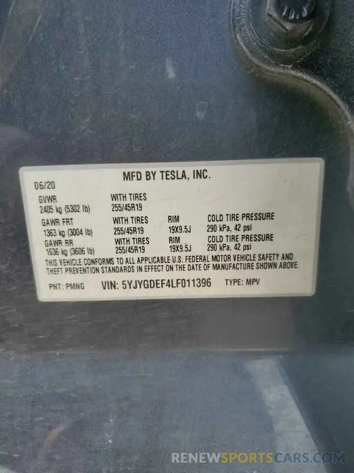 13 fotografías del automóvil dañado 5YJYGDEF4LF011396 TESLA MODEL Y 2020