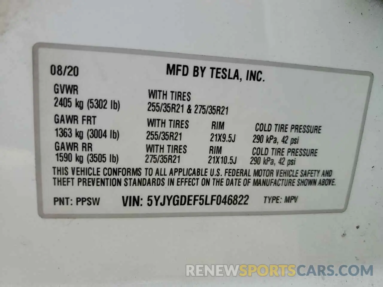12 fotografías del automóvil dañado 5YJYGDEF5LF046822 TESLA MODEL Y 2020