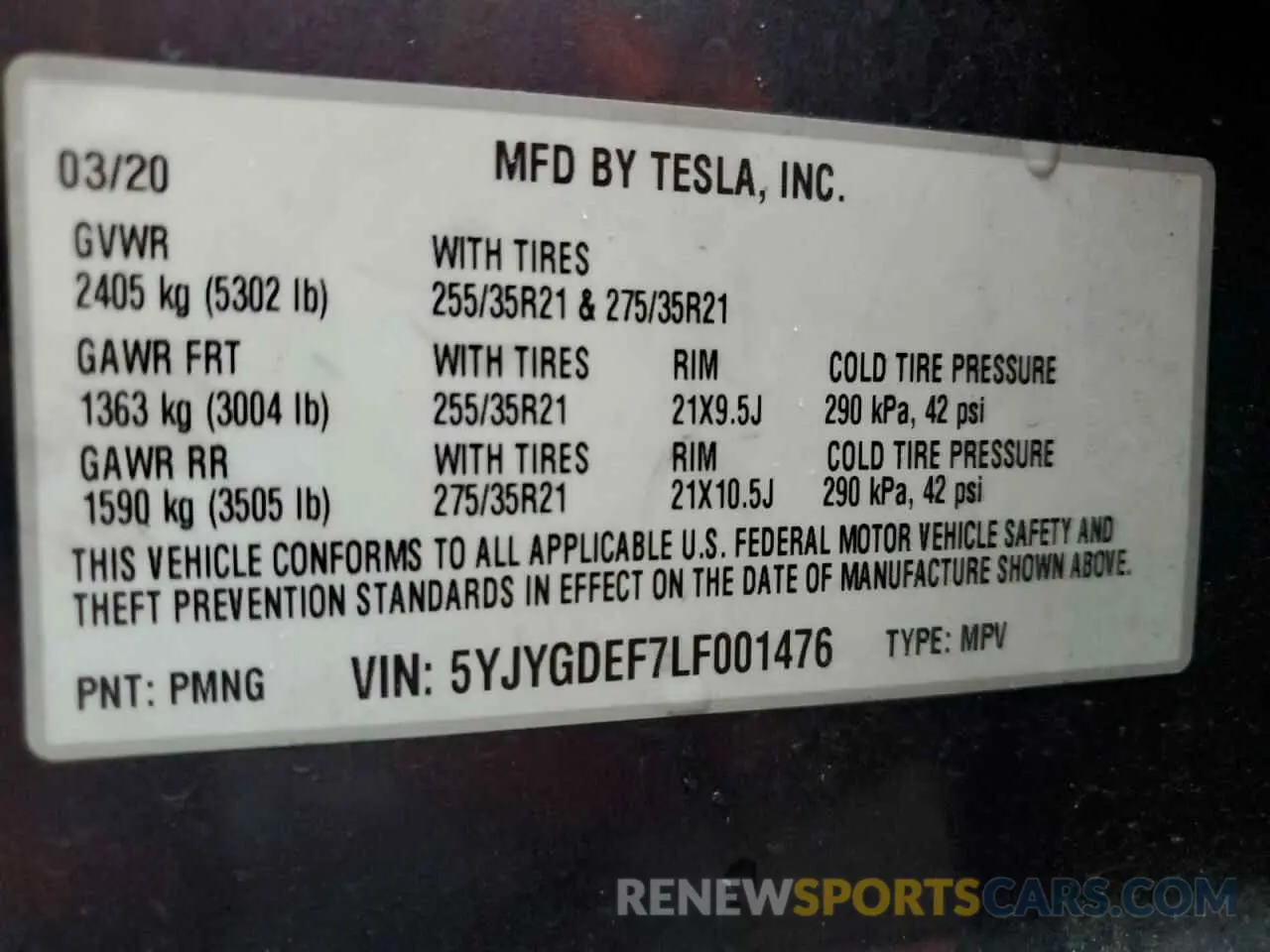 13 fotografías del automóvil dañado 5YJYGDEF7LF001476 TESLA MODEL Y 2020