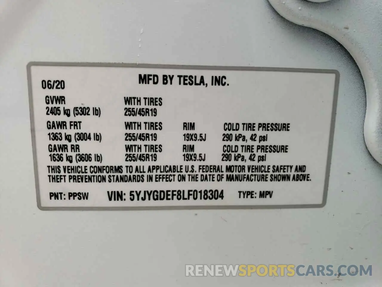 10 fotografías del automóvil dañado 5YJYGDEF8LF018304 TESLA MODEL Y 2020