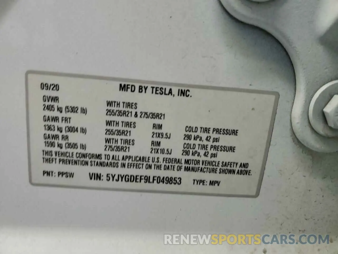 14 fotografías del automóvil dañado 5YJYGDEF9LF049853 TESLA MODEL Y 2020