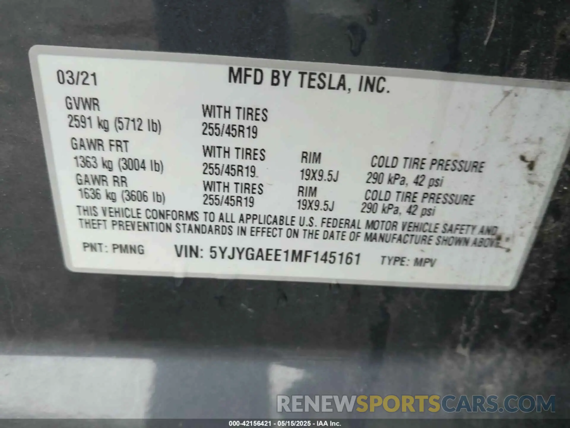 9 fotografías del automóvil dañado 5YJYGAEE1MF145161 TESLA MODEL Y 2021