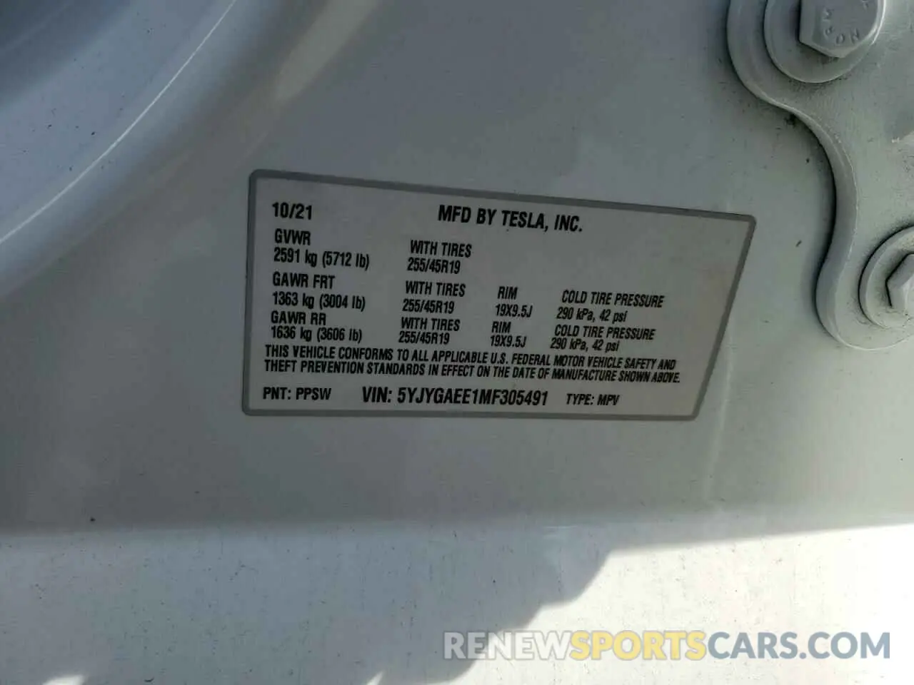 12 fotografías del automóvil dañado 5YJYGAEE1MF305491 TESLA MODEL Y 2021