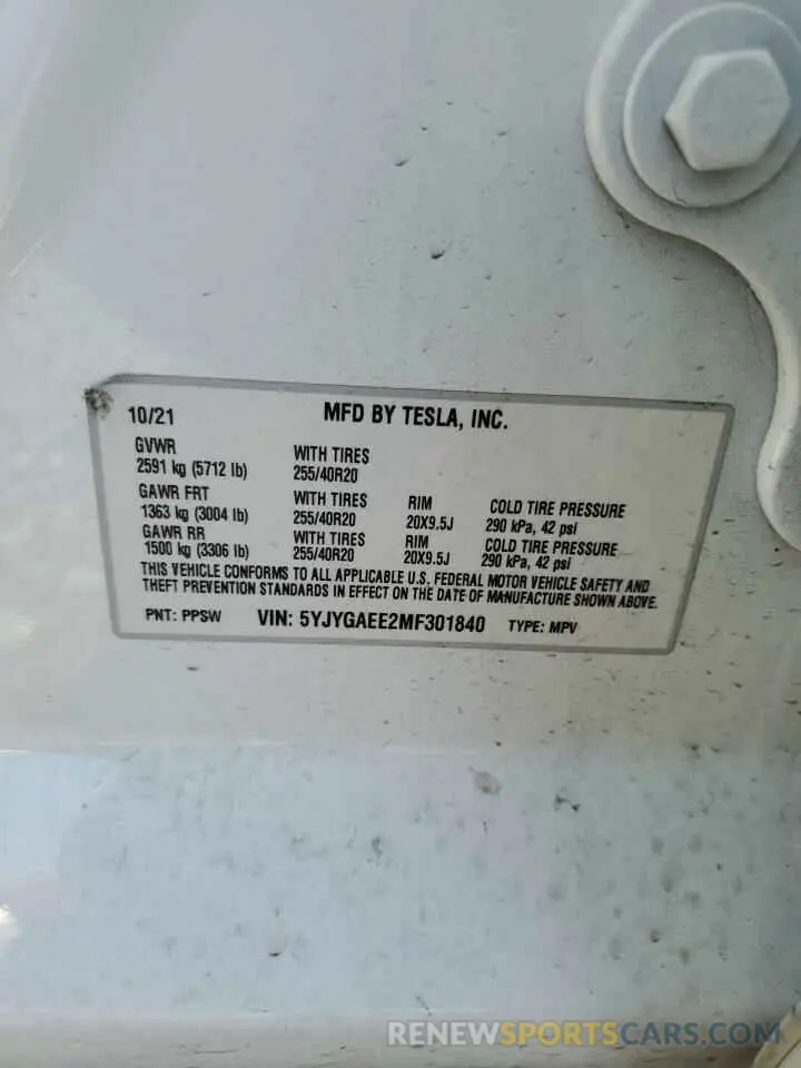 12 fotografías del automóvil dañado 5YJYGAEE2MF301840 TESLA MODEL Y 2021