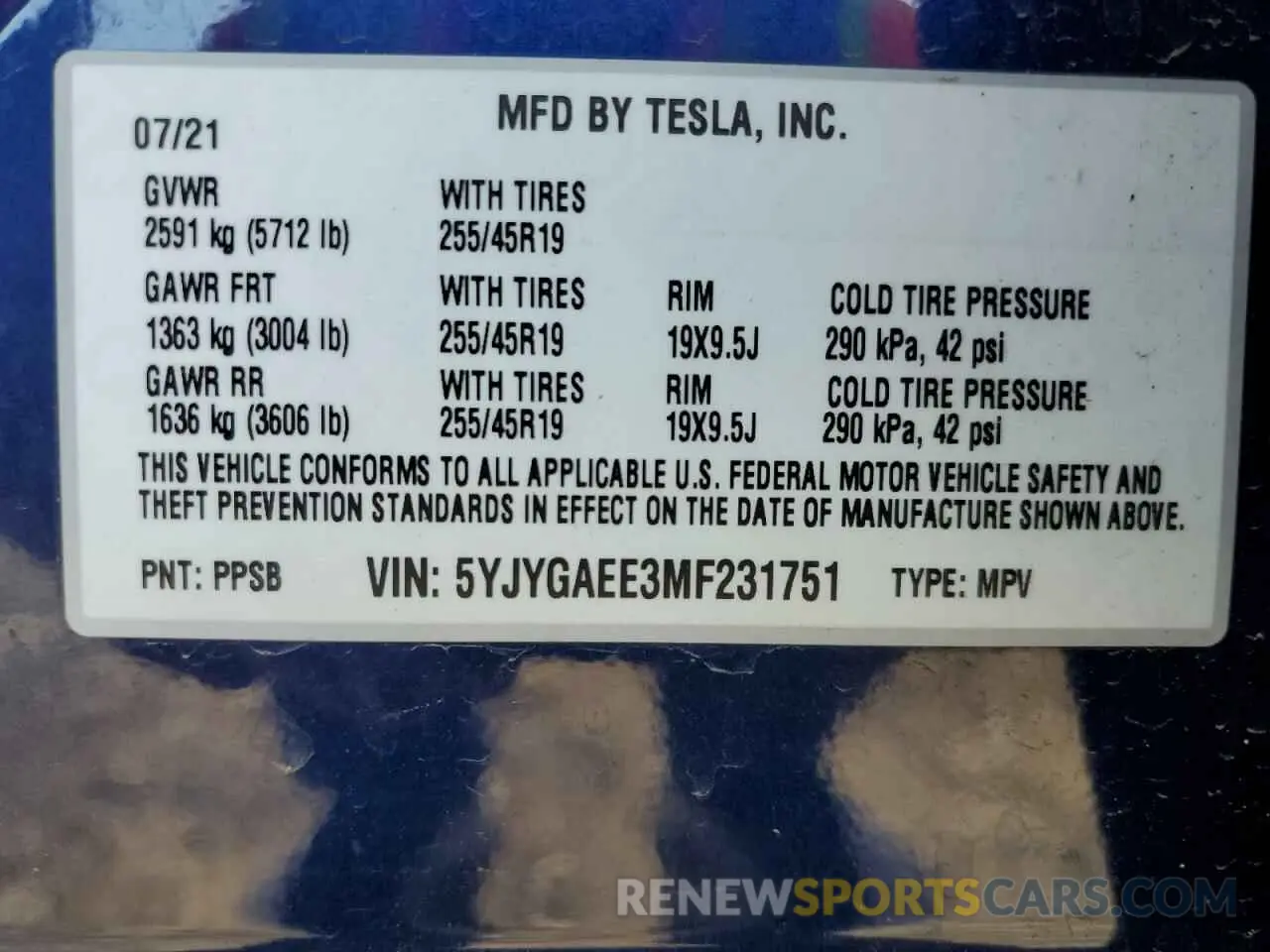 15 fotografías del automóvil dañado 5YJYGAEE3MF231751 TESLA MODEL Y 2021
