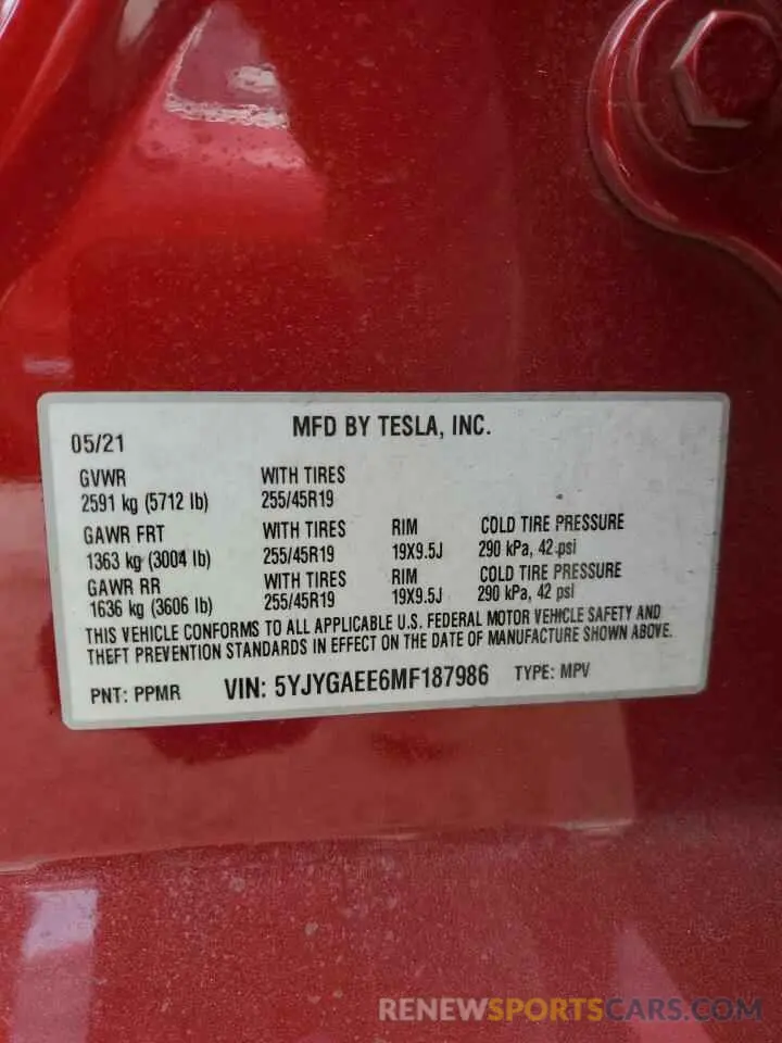 13 fotografías del automóvil dañado 5YJYGAEE6MF187986 TESLA MODEL Y 2021