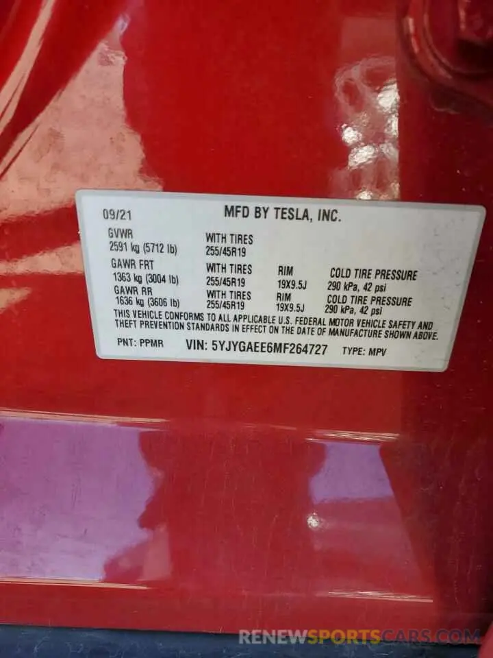 13 fotografías del automóvil dañado 5YJYGAEE6MF264727 TESLA MODEL Y 2021