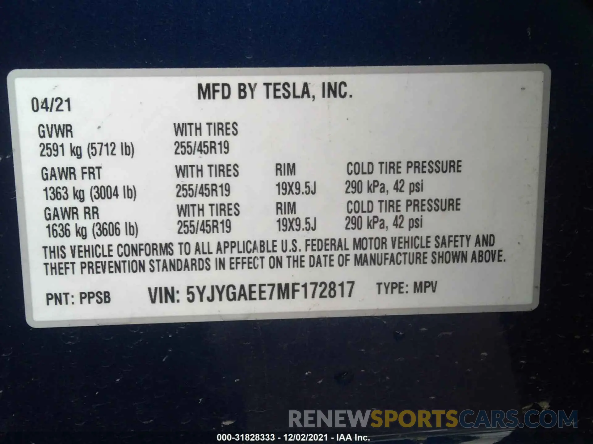 9 fotografías del automóvil dañado 5YJYGAEE7MF172817 TESLA MODEL Y 2021