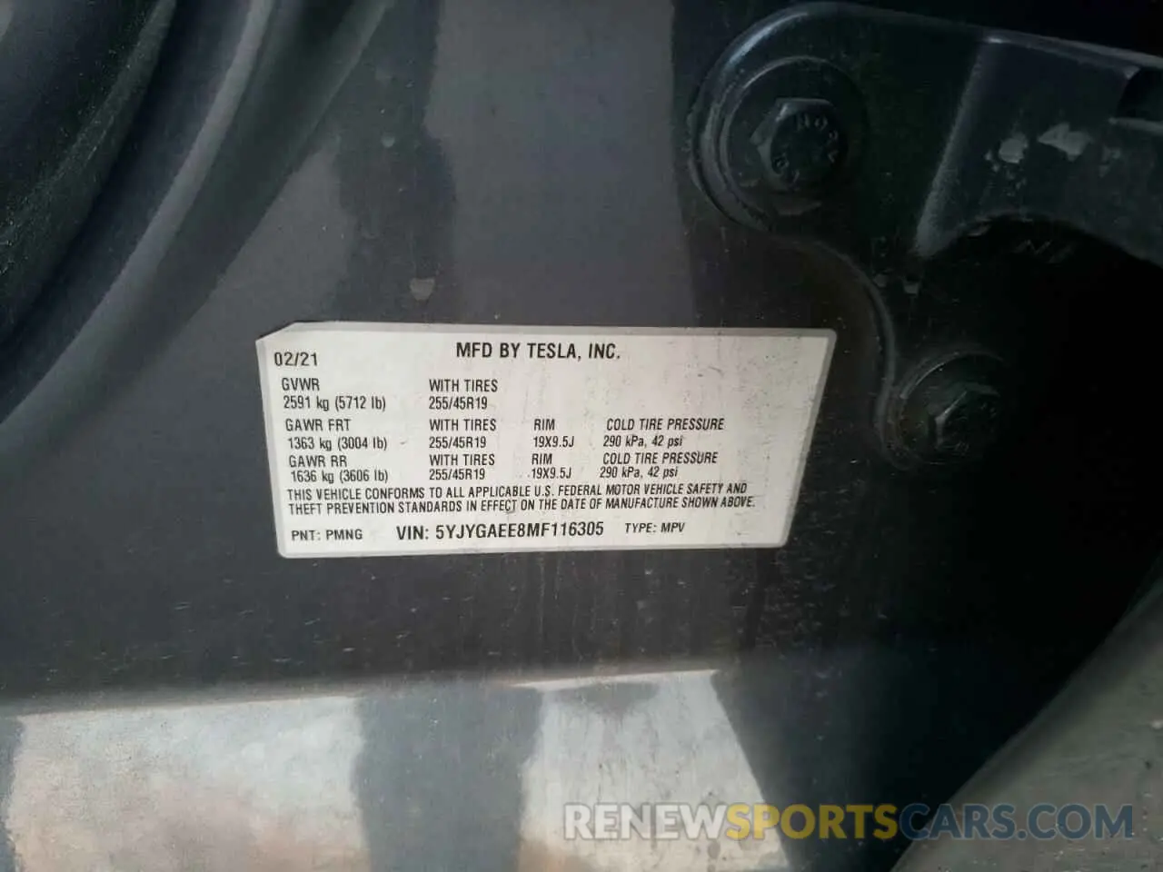 10 fotografías del automóvil dañado 5YJYGAEE8MF116305 TESLA MODEL Y 2021