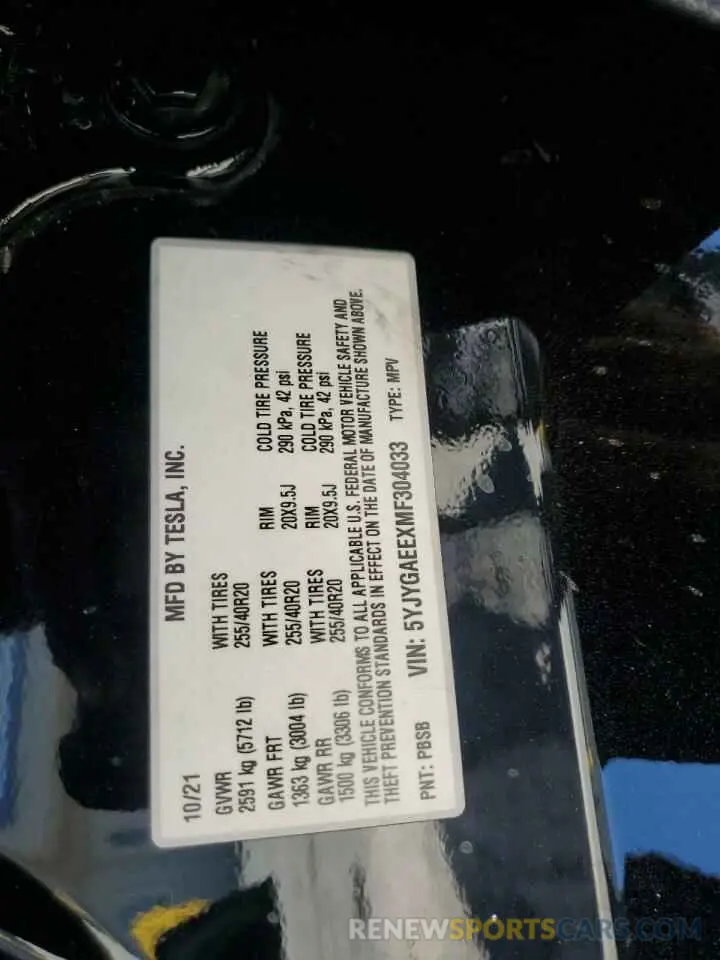 12 fotografías del automóvil dañado 5YJYGAEEXMF304033 TESLA MODEL Y 2021