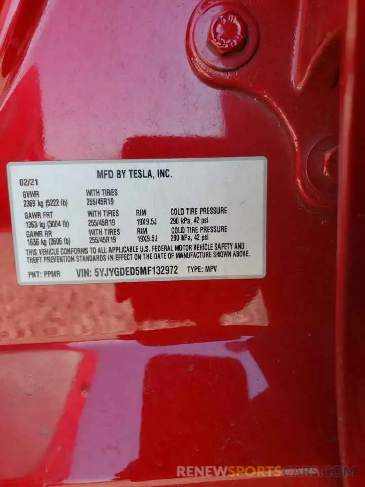12 fotografías del automóvil dañado 5YJYGDED5MF132972 TESLA MODEL Y 2021