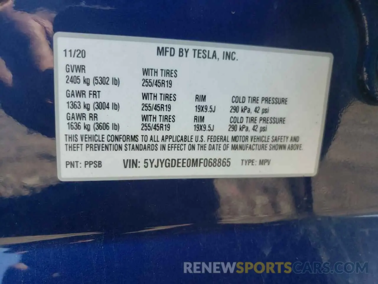 10 fotografías del automóvil dañado 5YJYGDEE0MF068865 TESLA MODEL Y 2021