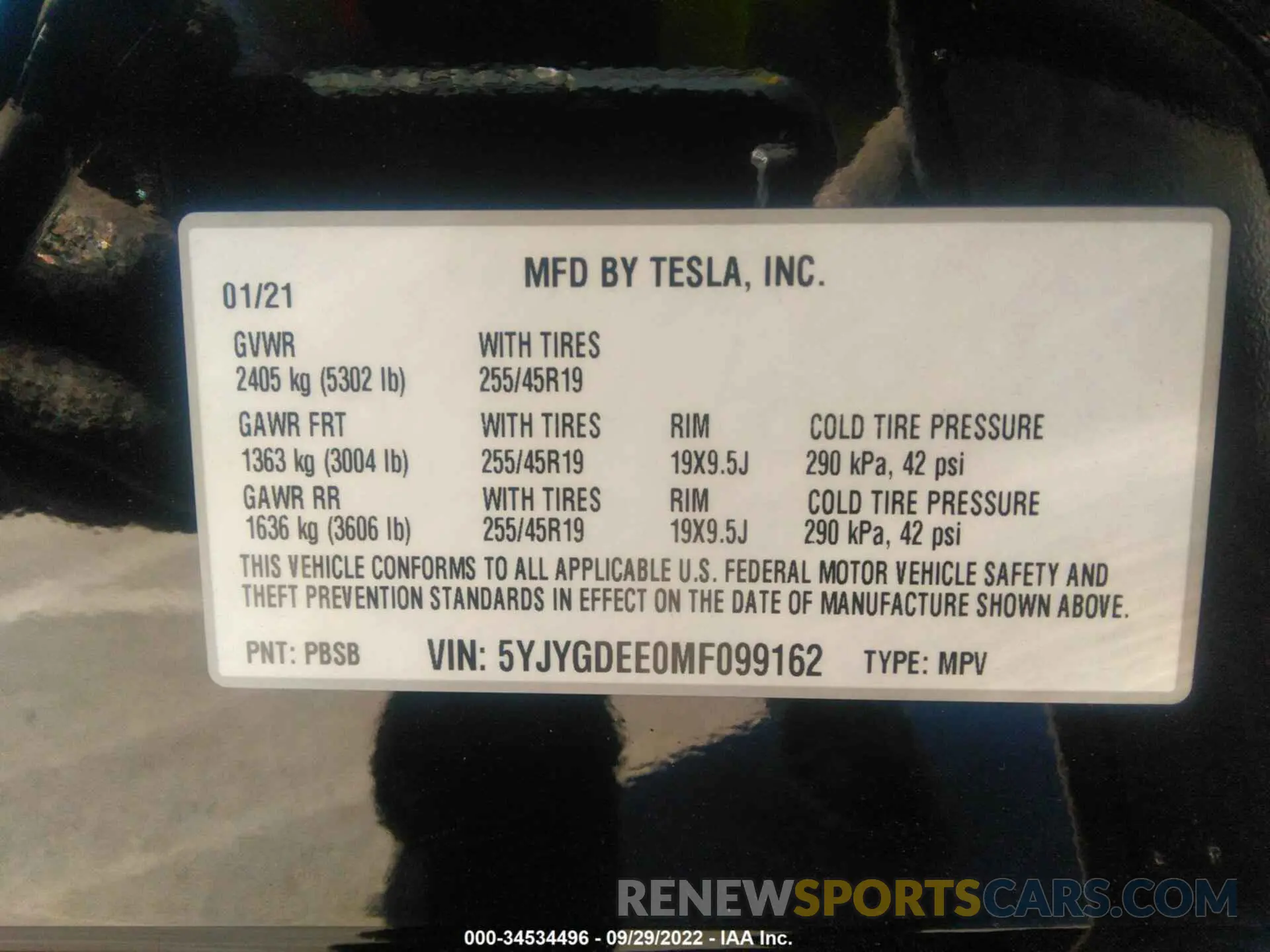 9 fotografías del automóvil dañado 5YJYGDEE0MF099162 TESLA MODEL Y 2021