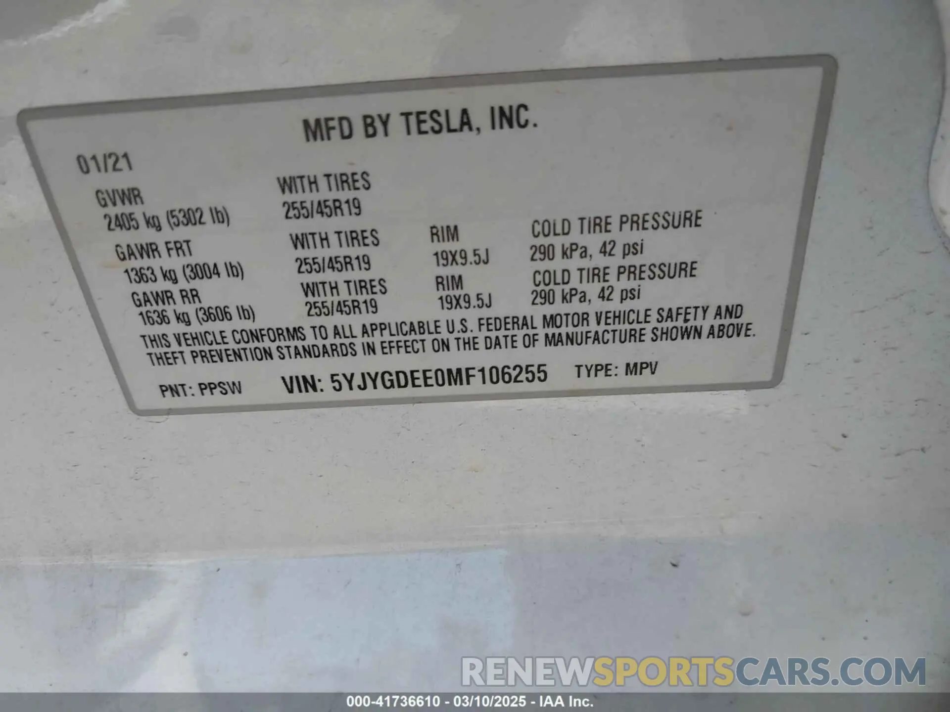 9 fotografías del automóvil dañado 5YJYGDEE0MF106255 TESLA MODEL Y 2021