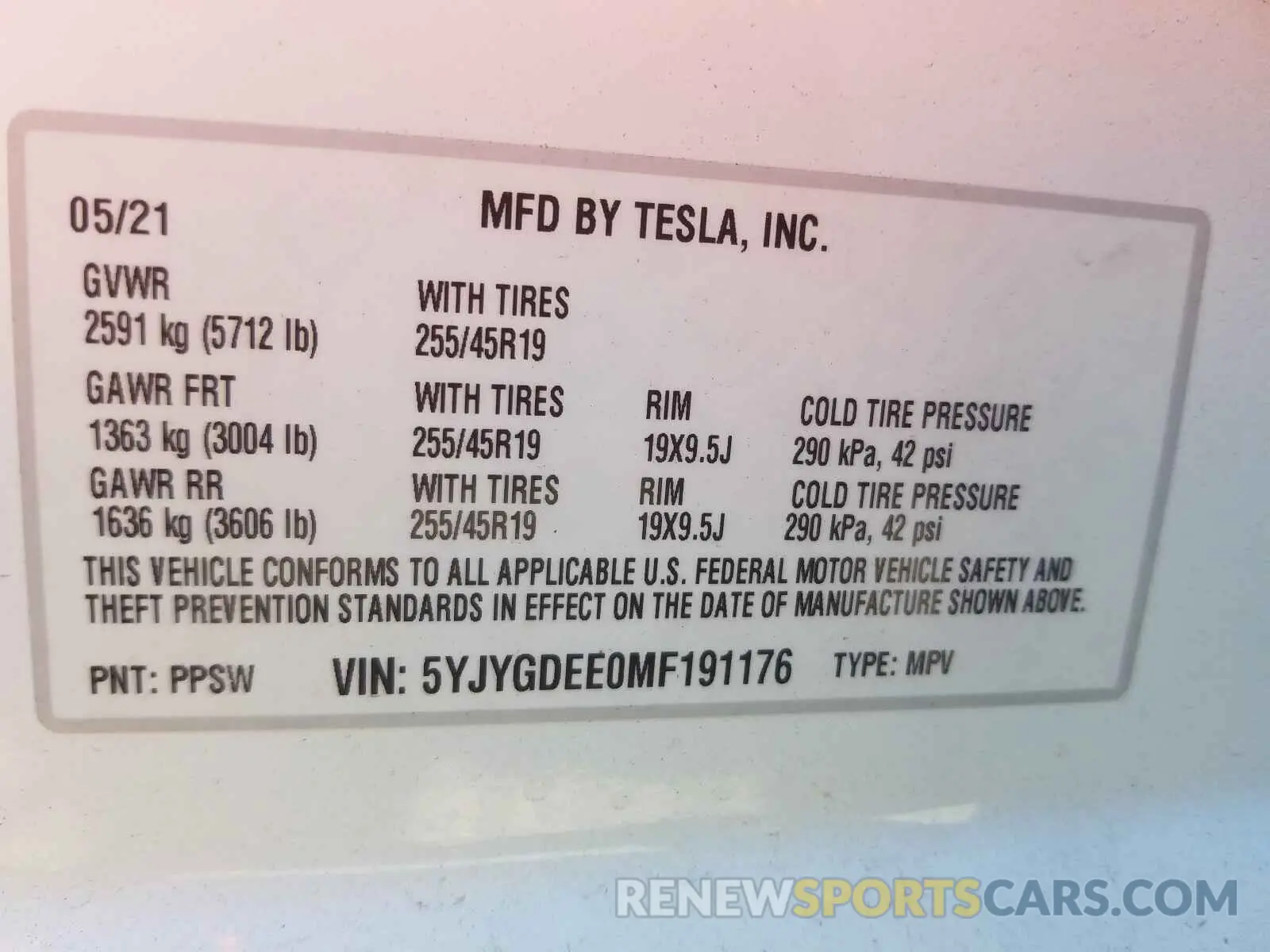 10 fotografías del automóvil dañado 5YJYGDEE0MF191176 TESLA MODEL Y 2021