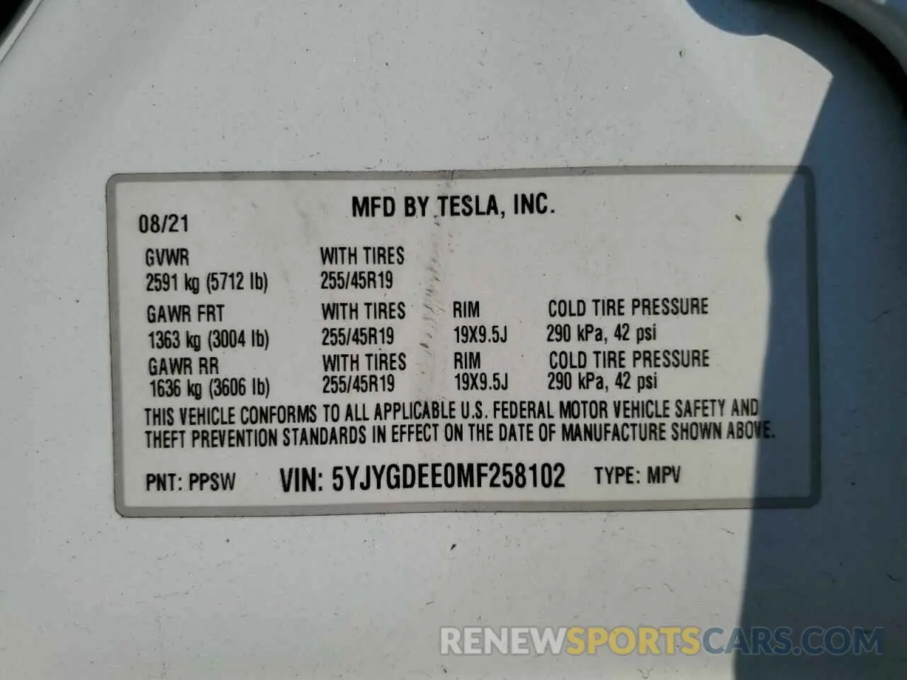 15 fotografías del automóvil dañado 5YJYGDEE0MF258102 TESLA MODEL Y 2021