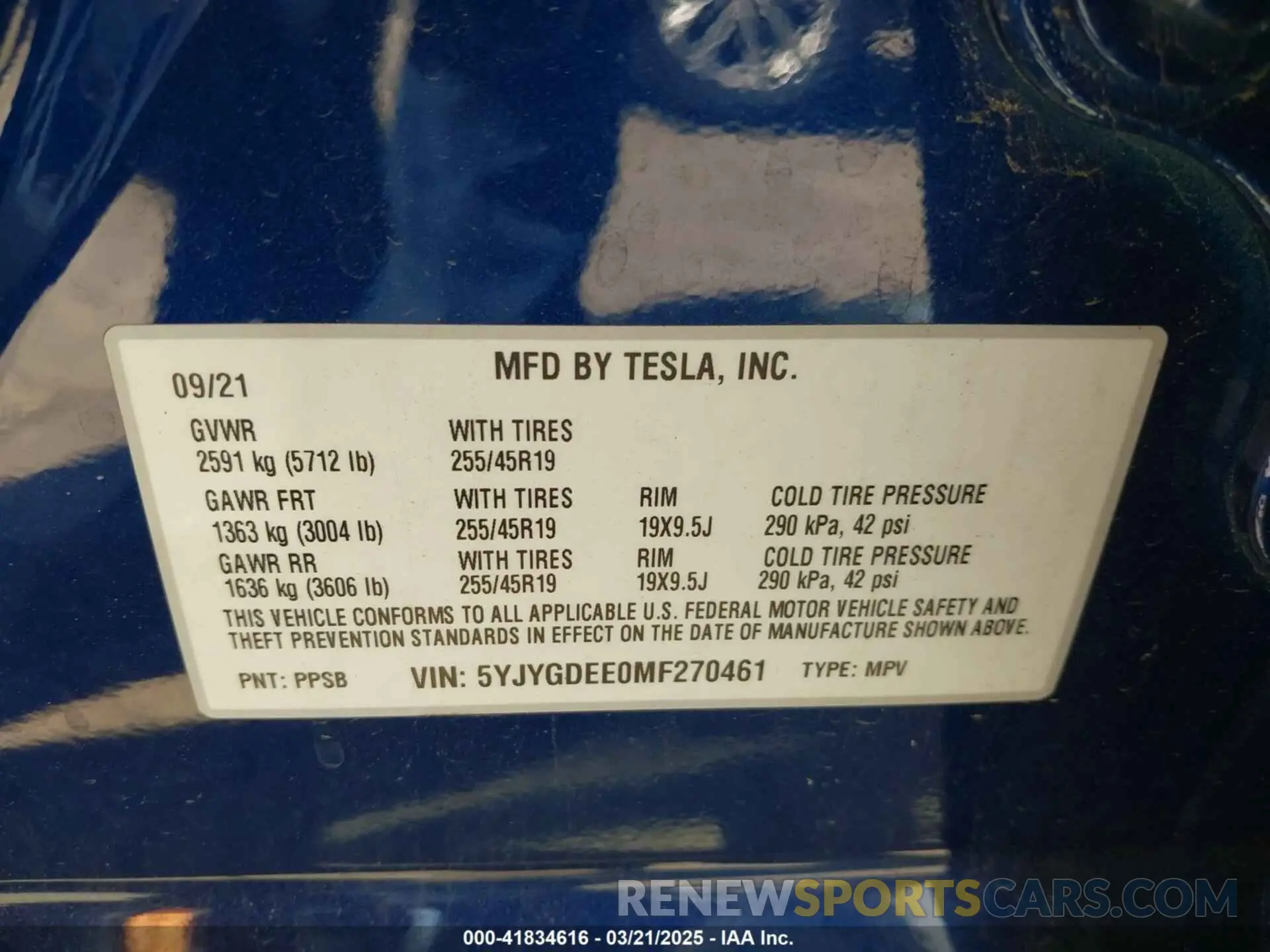 9 fotografías del automóvil dañado 5YJYGDEE0MF270461 TESLA MODEL Y 2021