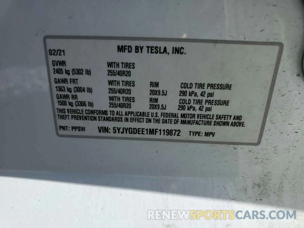 12 fotografías del automóvil dañado 5YJYGDEE1MF119872 TESLA MODEL Y 2021