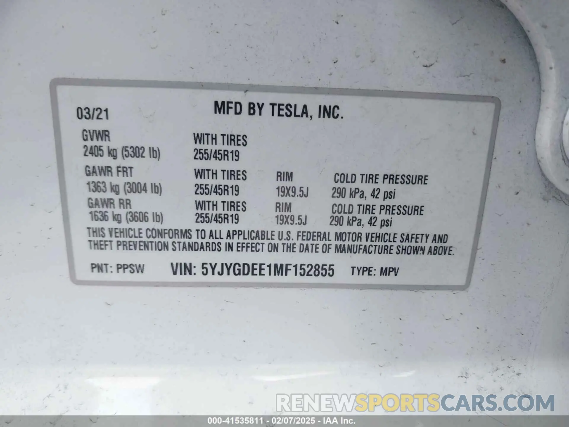 9 fotografías del automóvil dañado 5YJYGDEE1MF152855 TESLA MODEL Y 2021