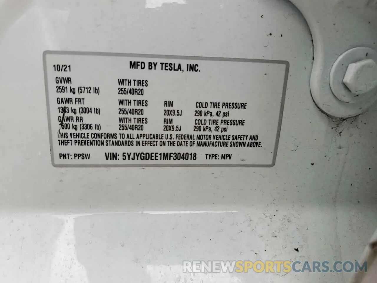 15 fotografías del automóvil dañado 5YJYGDEE1MF304018 TESLA MODEL Y 2021
