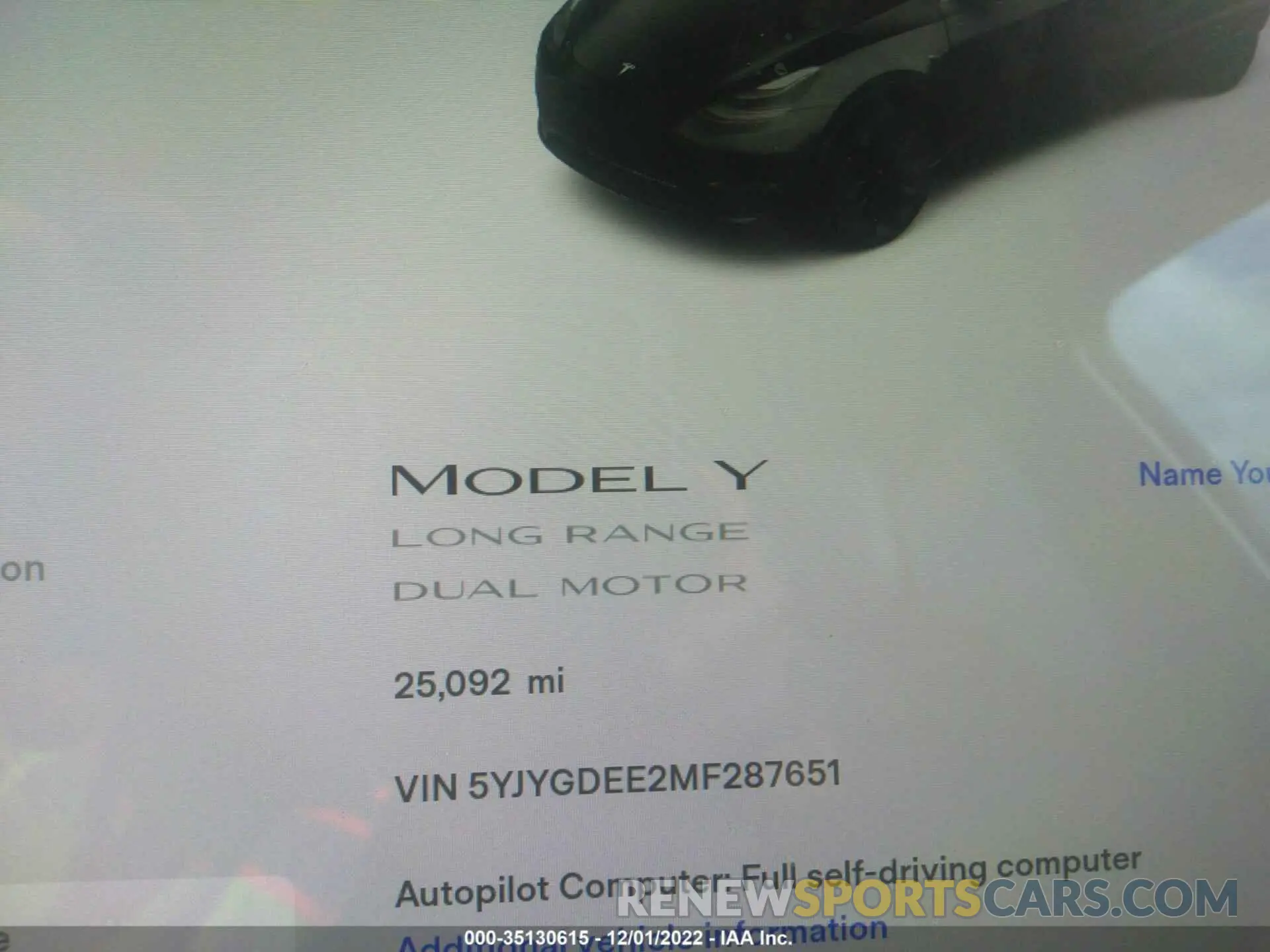 7 fotografías del automóvil dañado 5YJYGDEE2MF287651 TESLA MODEL Y 2021