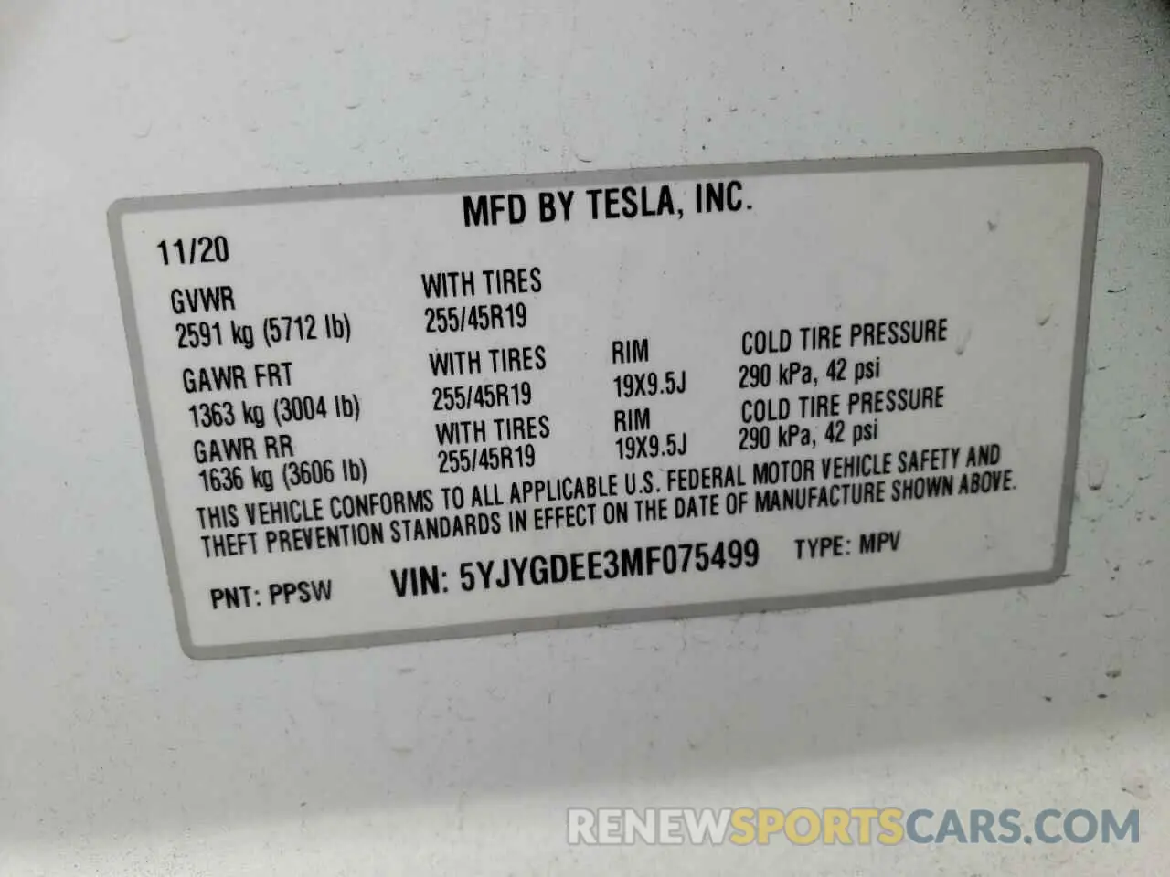 10 fotografías del automóvil dañado 5YJYGDEE3MF075499 TESLA MODEL Y 2021