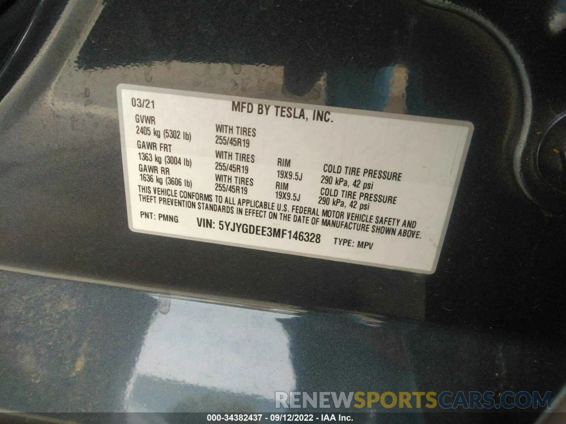 9 fotografías del automóvil dañado 5YJYGDEE3MF146328 TESLA MODEL Y 2021