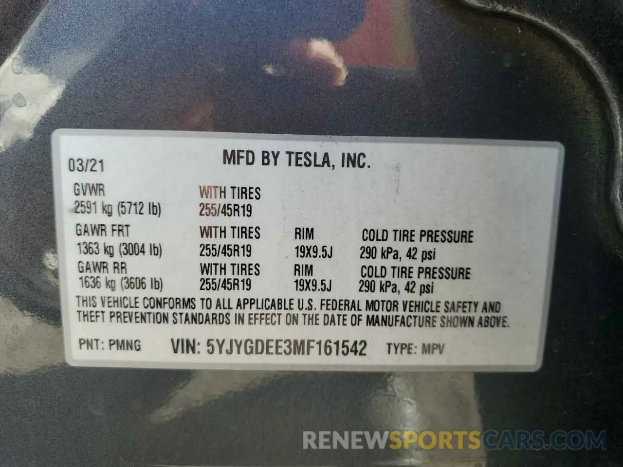 12 fotografías del automóvil dañado 5YJYGDEE3MF161542 TESLA MODEL Y 2021