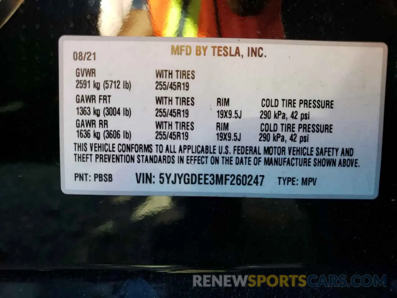 10 fotografías del automóvil dañado 5YJYGDEE3MF260247 TESLA MODEL Y 2021