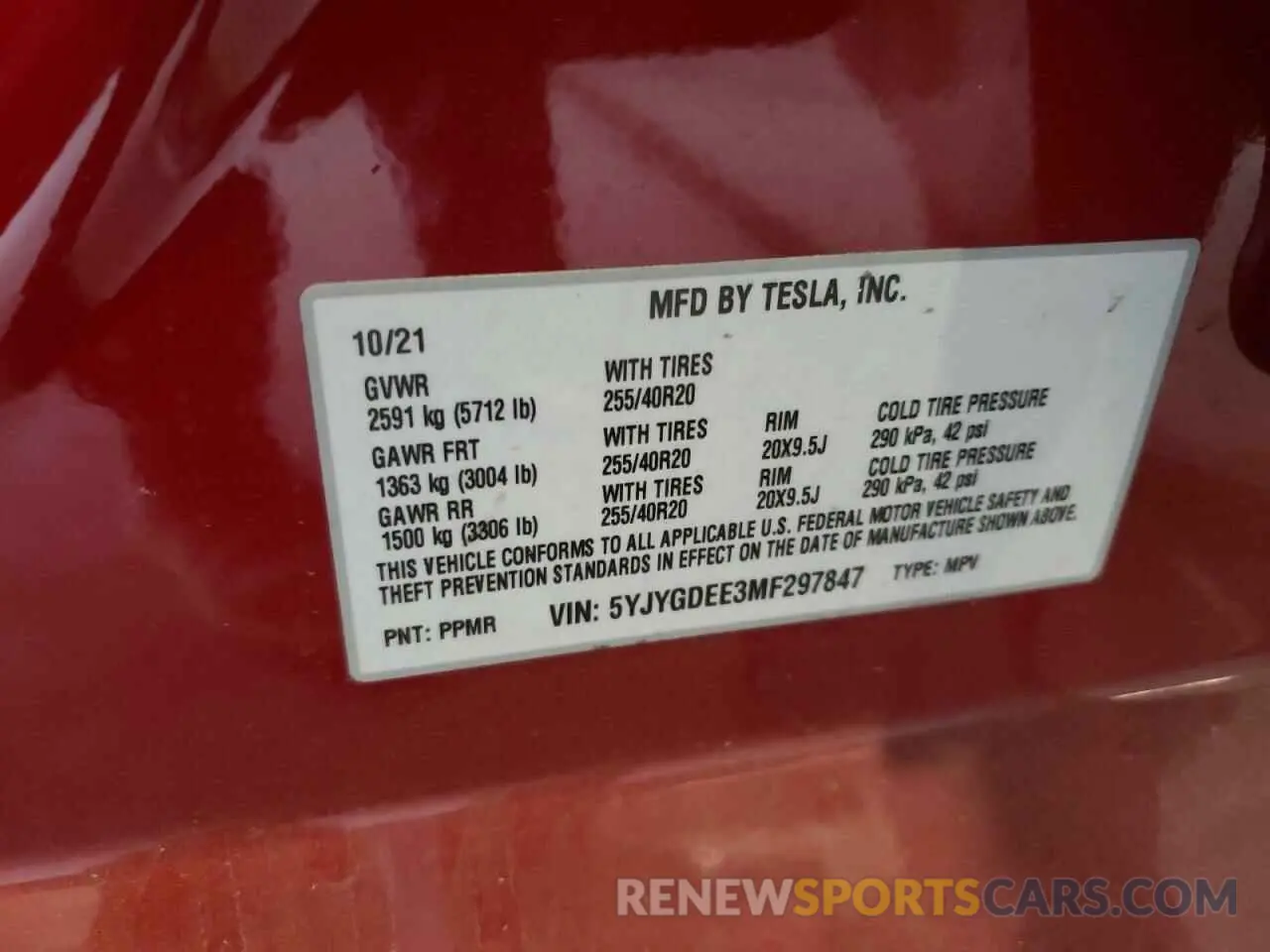 10 fotografías del automóvil dañado 5YJYGDEE3MF297847 TESLA MODEL Y 2021