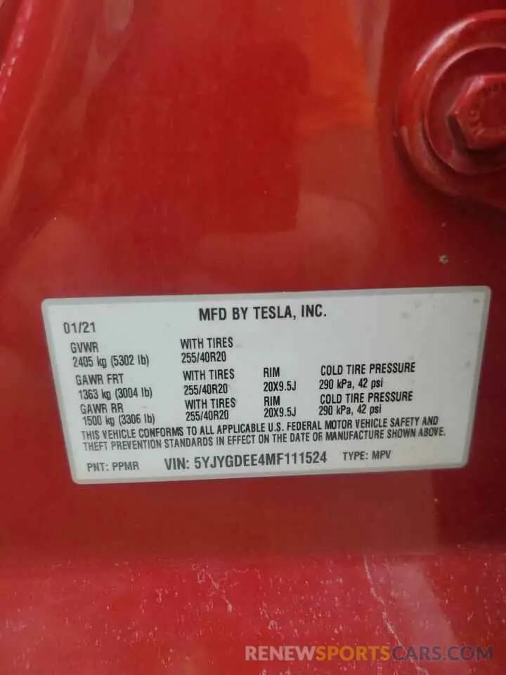 13 fotografías del automóvil dañado 5YJYGDEE4MF111524 TESLA MODEL Y 2021