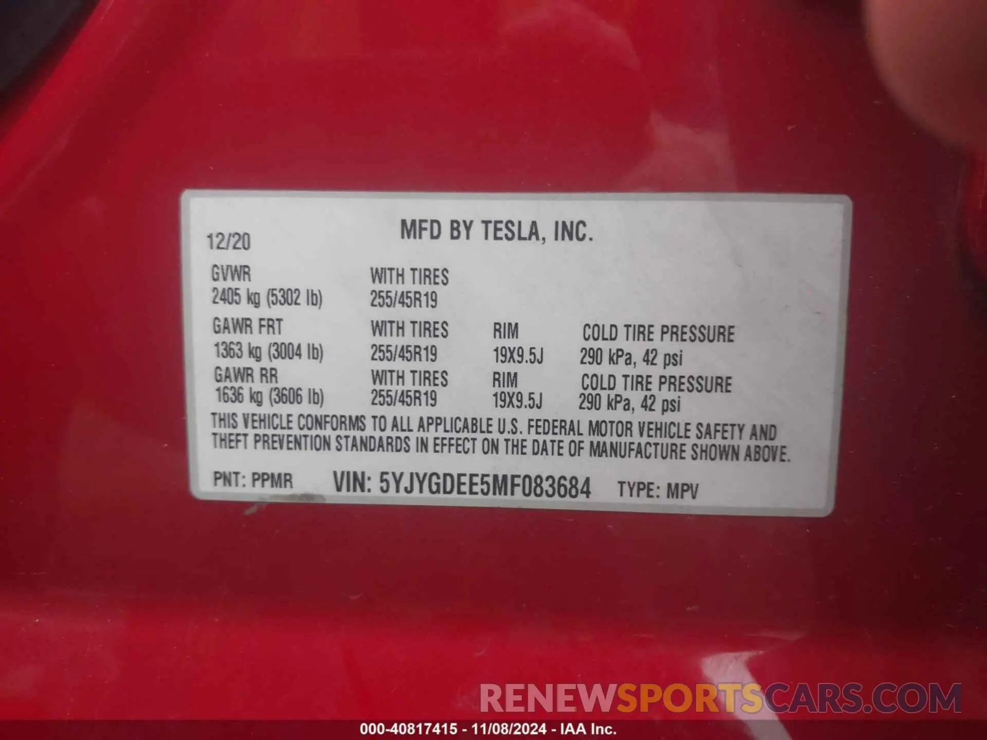 9 fotografías del automóvil dañado 5YJYGDEE5MF083684 TESLA MODEL Y 2021