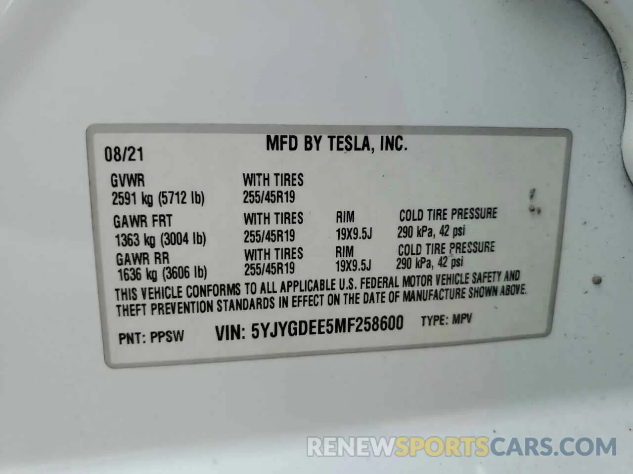 12 fotografías del automóvil dañado 5YJYGDEE5MF258600 TESLA MODEL Y 2021