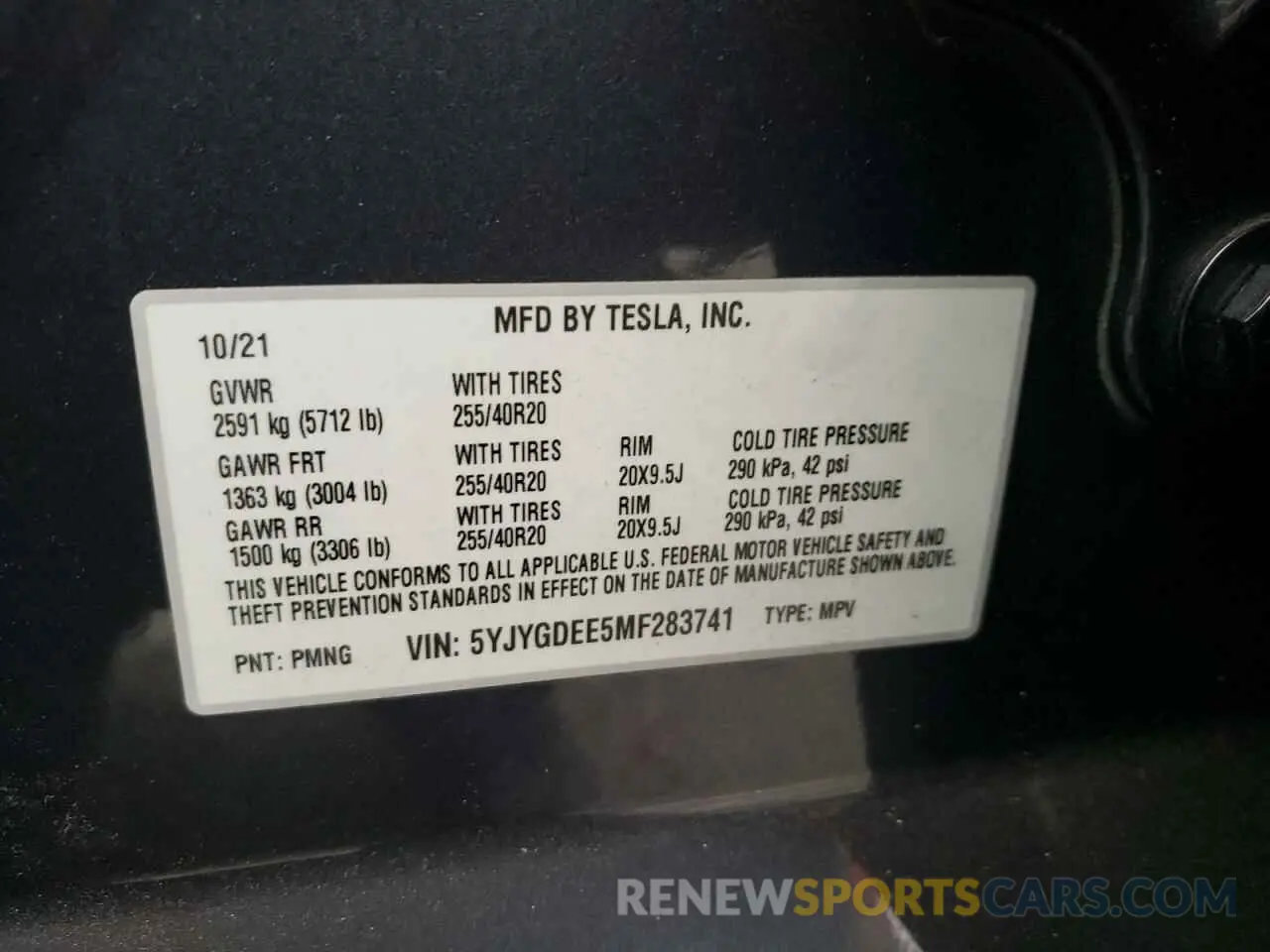 10 fotografías del automóvil dañado 5YJYGDEE5MF283741 TESLA MODEL Y 2021