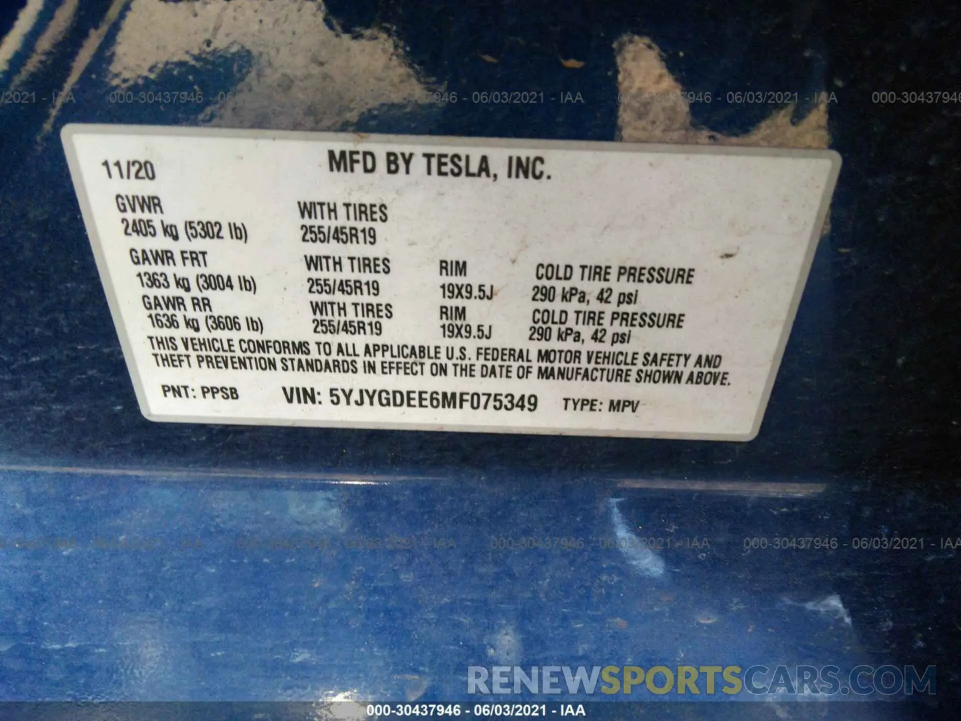 9 fotografías del automóvil dañado 5YJYGDEE6MF075349 TESLA MODEL Y 2021