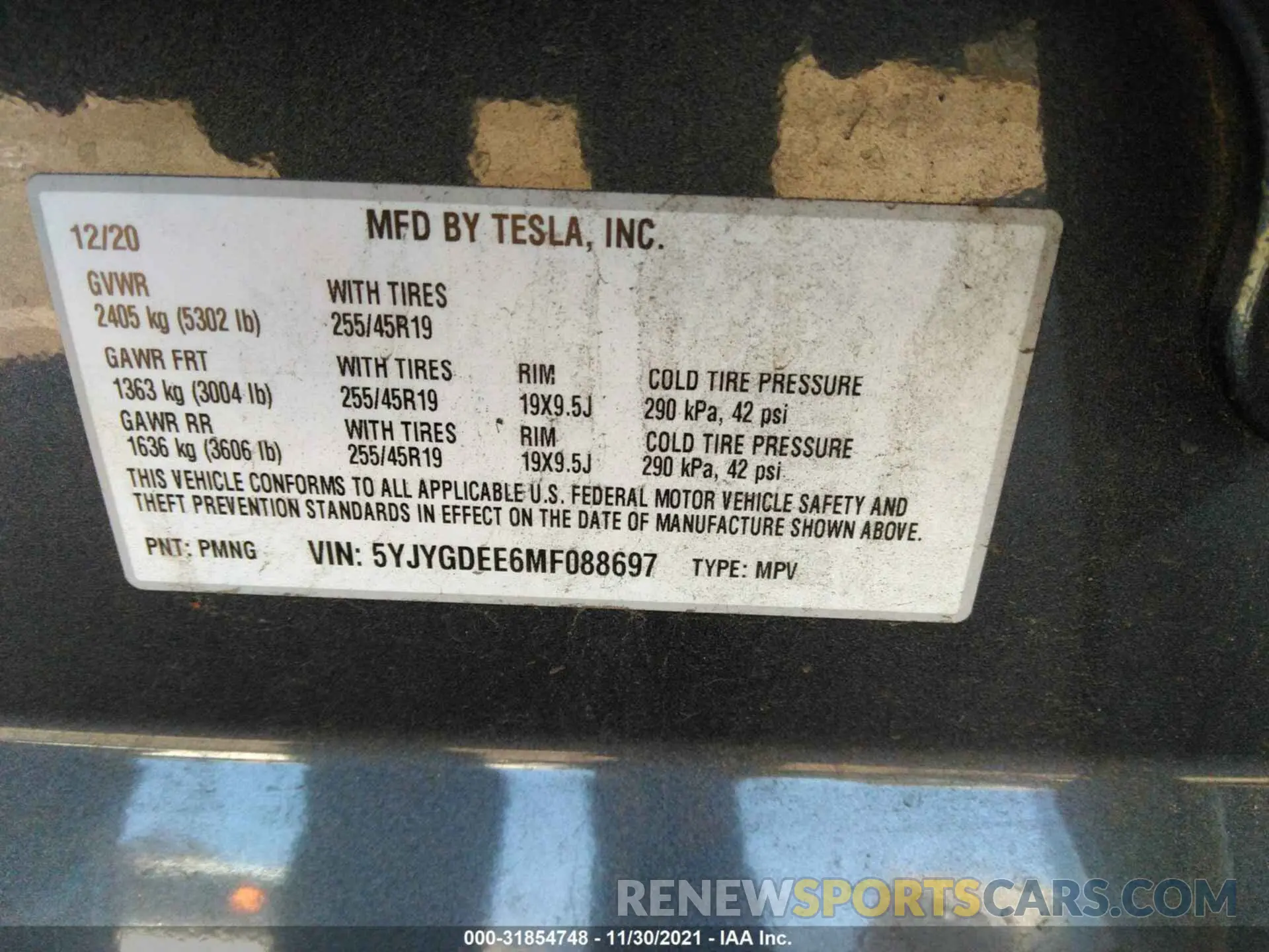9 fotografías del automóvil dañado 5YJYGDEE6MF088697 TESLA MODEL Y 2021