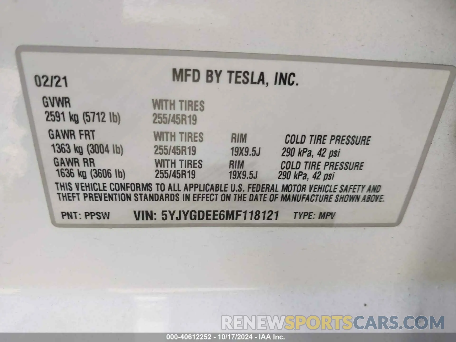 9 fotografías del automóvil dañado 5YJYGDEE6MF118121 TESLA MODEL Y 2021