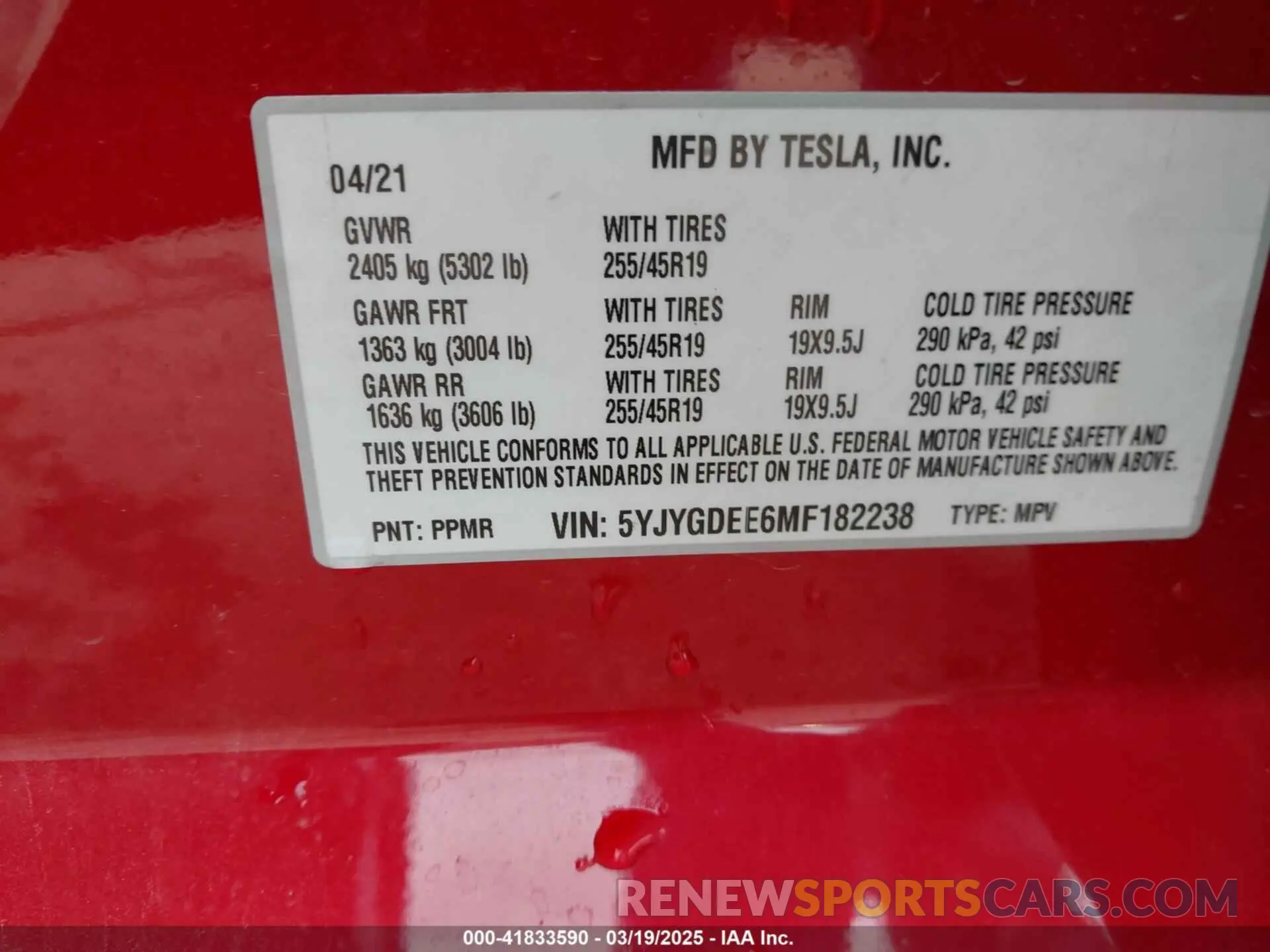9 fotografías del automóvil dañado 5YJYGDEE6MF182238 TESLA MODEL Y 2021