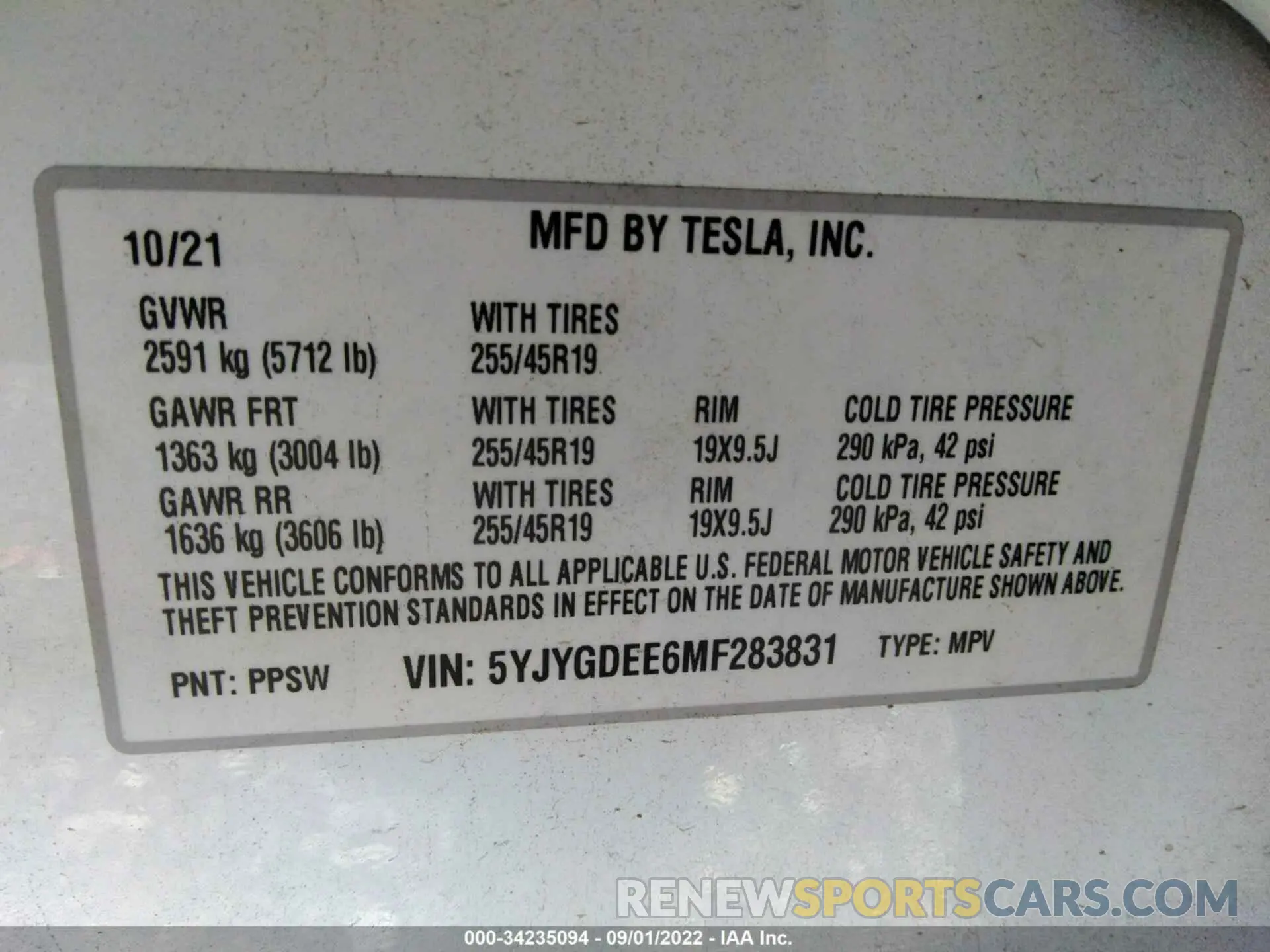 9 fotografías del automóvil dañado 5YJYGDEE6MF283831 TESLA MODEL Y 2021