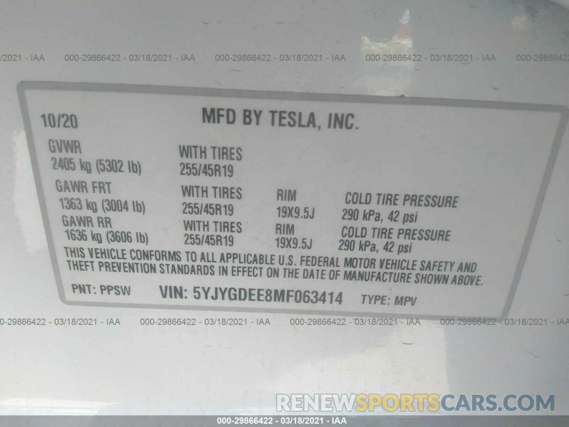9 fotografías del automóvil dañado 5YJYGDEE8MF063414 TESLA MODEL Y 2021