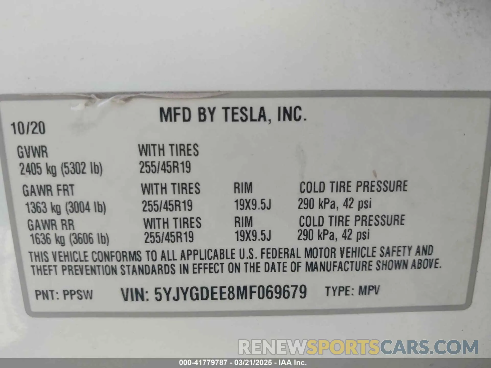 8 fotografías del automóvil dañado 5YJYGDEE8MF069679 TESLA MODEL Y 2021
