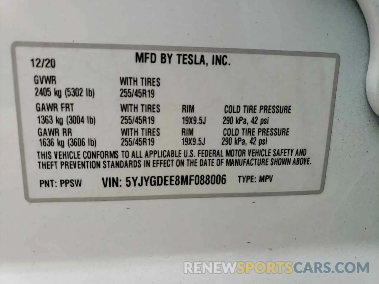 10 fotografías del automóvil dañado 5YJYGDEE8MF088006 TESLA MODEL Y 2021